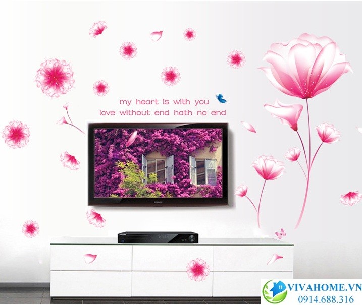 Decal dán tường hoa pha lê hồng