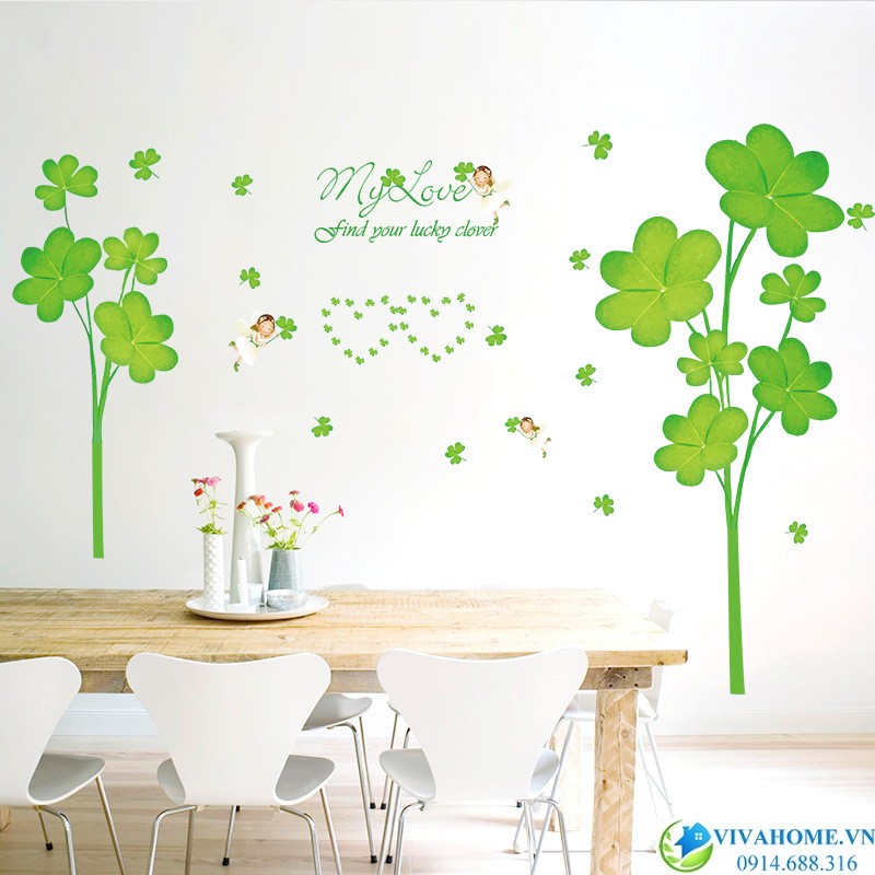 Decal dán tường cỏ ba lá trái tim xanh