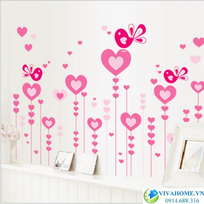 Decal dán tường dây trái tim hồng