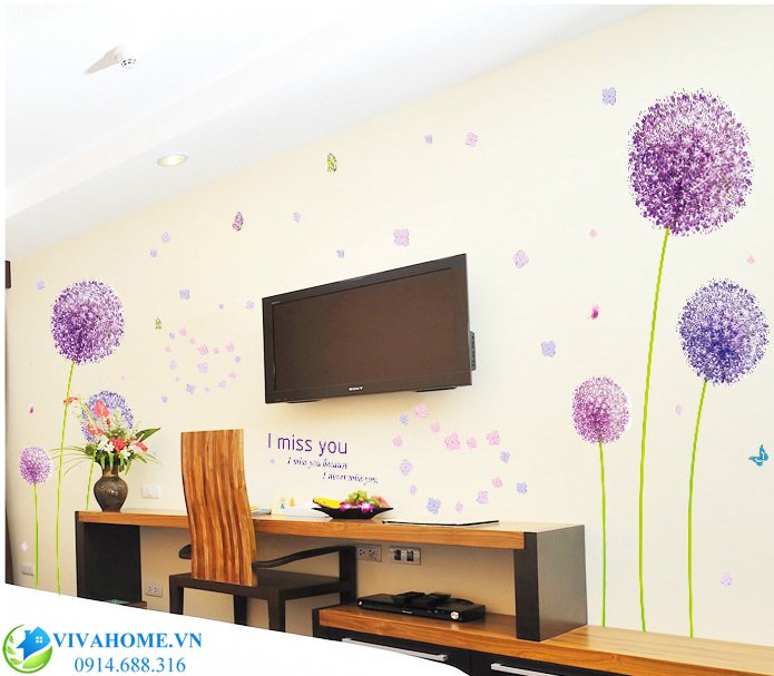 Decal dán tường bộ đôi cẩm tú cầu tím nhạt