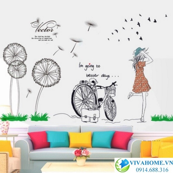 Decal dán tường bồ công anh và cô gái
