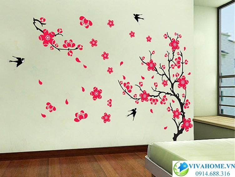 Decal dán tường hoa đào chim én mùa xuân