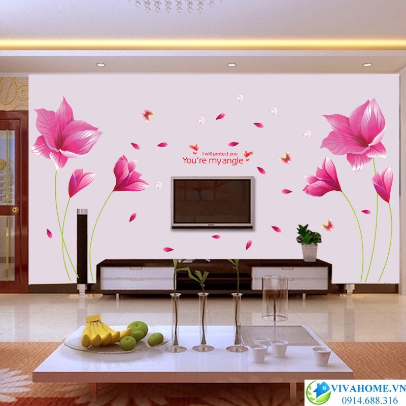 Decal dán tường bộ đôi hoa ly hồng