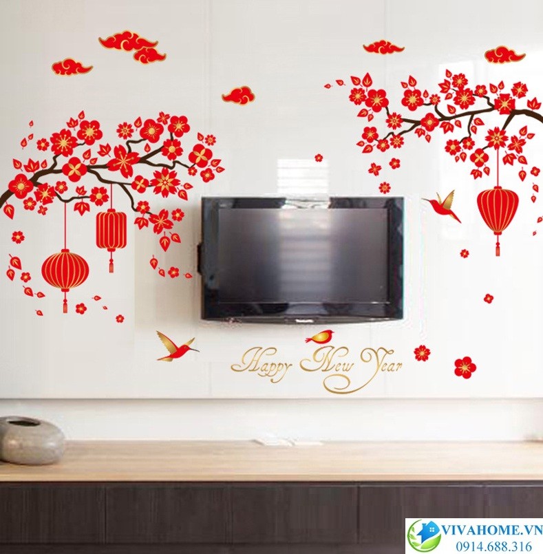 Decal dán tường Hoa đào đỏ