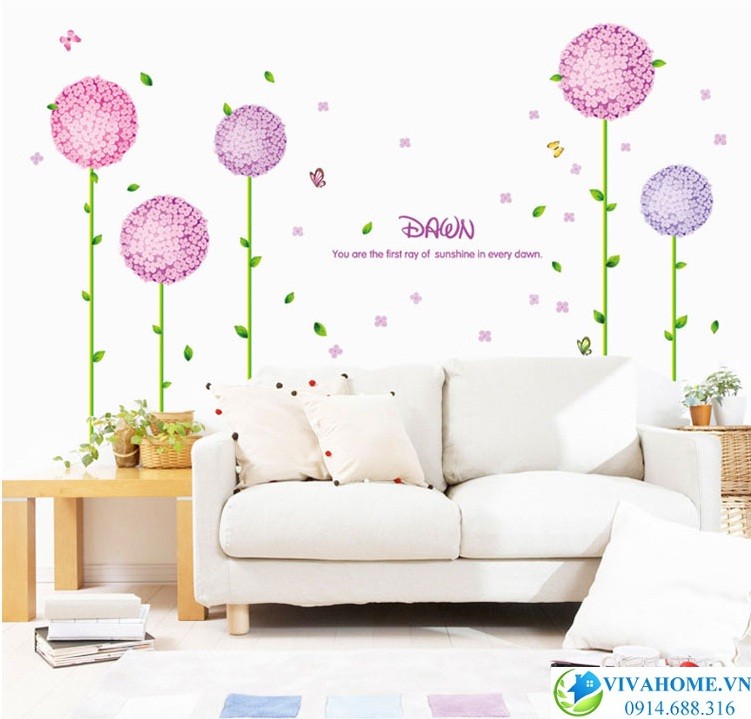Decal dán tường cẩm tú cầu tròn tím hồng
