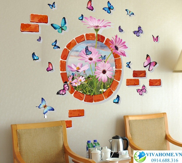 Decal dán tường Ô cửa hoa