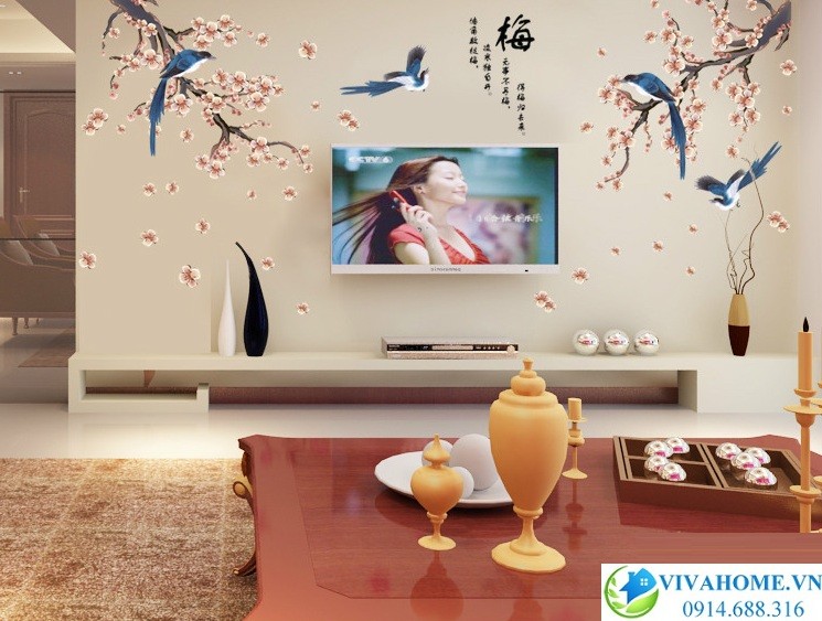 Decal dán tường hoa đào đá