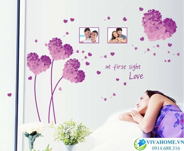 Decal dán tường Cẩm tú cầu trái tim tím