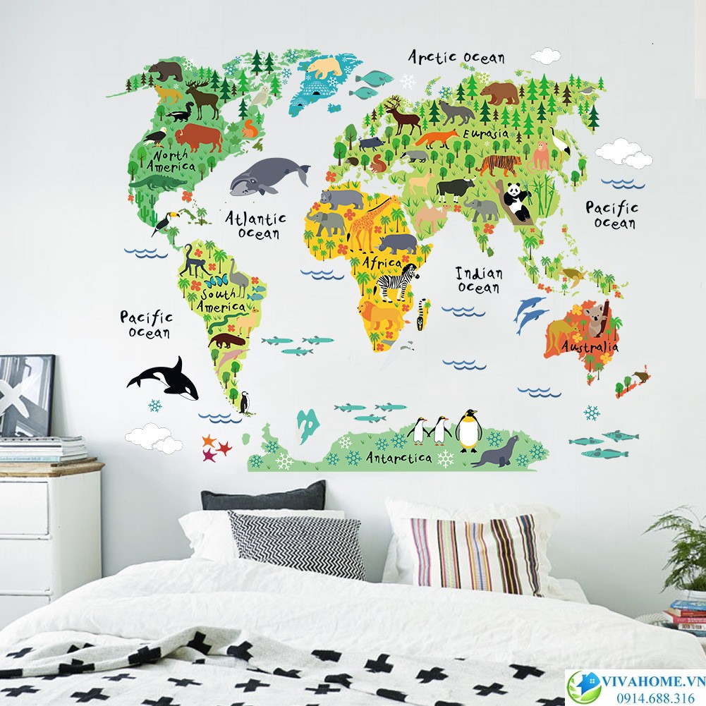 Decal dán tường Bản đồ thế giới thiên nhiên