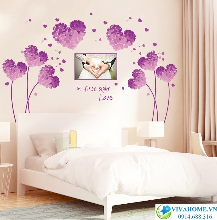 Decal dán tường Bộ đôi cẩm tú cầu trái tim tím