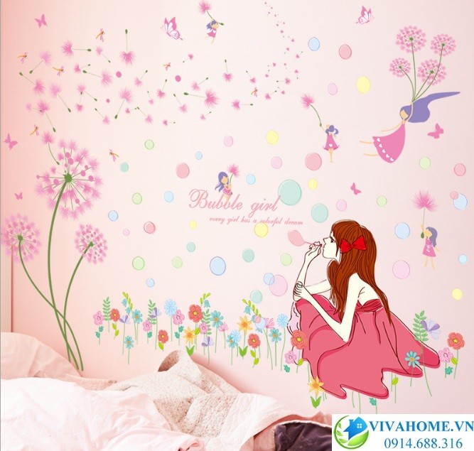 Decal dán tường Cô gái váy đỏ bồ công anh