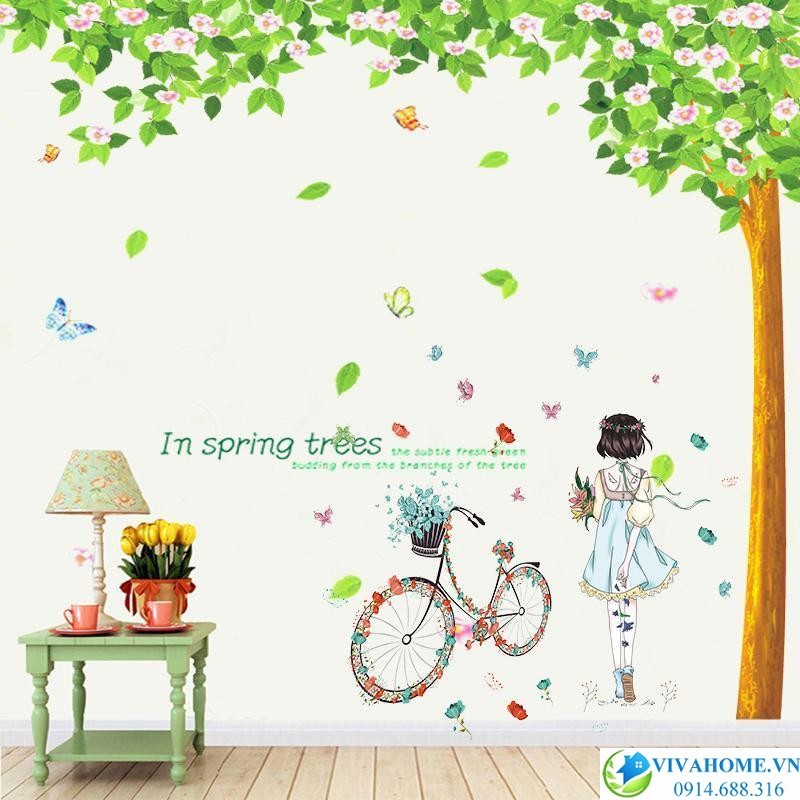 Decal dán tường Cây xanh hoa hồng và cô gái váy xanh