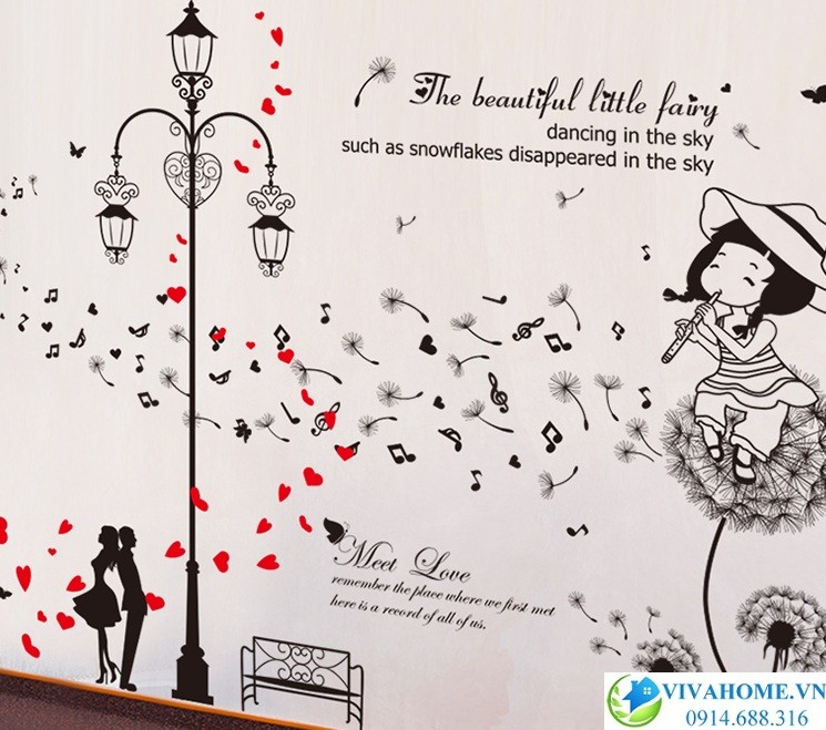 Decal dán tường Cột đèn và cô bé bồ công anh