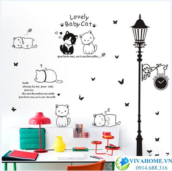 Decal dán tường Cột đèn và mèo xinh