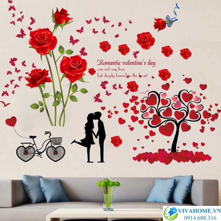 Decal dán tường Uyên ương hoa hồng nhung số 2