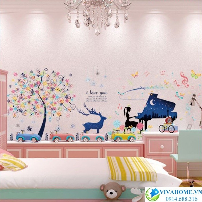 Decal dán tường Bộ 2 Tuần lộc- cô gái đánh đàn