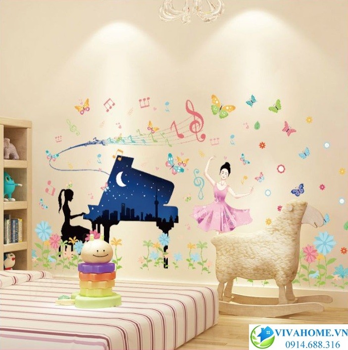 Decal dán tường Bộ 2 Cô gái đánh đàn- cô gái múa ba lê