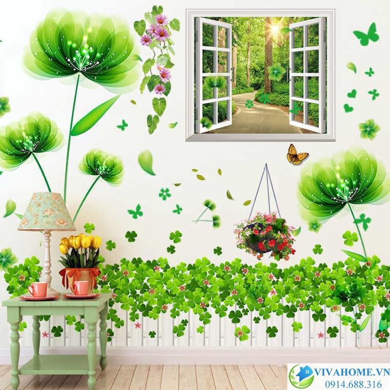 Decal dán tường Cửa sổ Rừng xanh và hoa pha lê