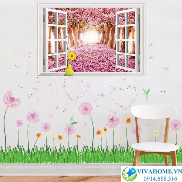 Decal dán tường Cửa sổ con đường hoa anh đào số 2
