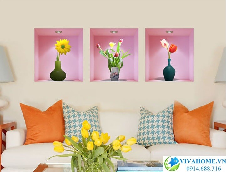 Decal dán tường 3 ô cửa hoa
