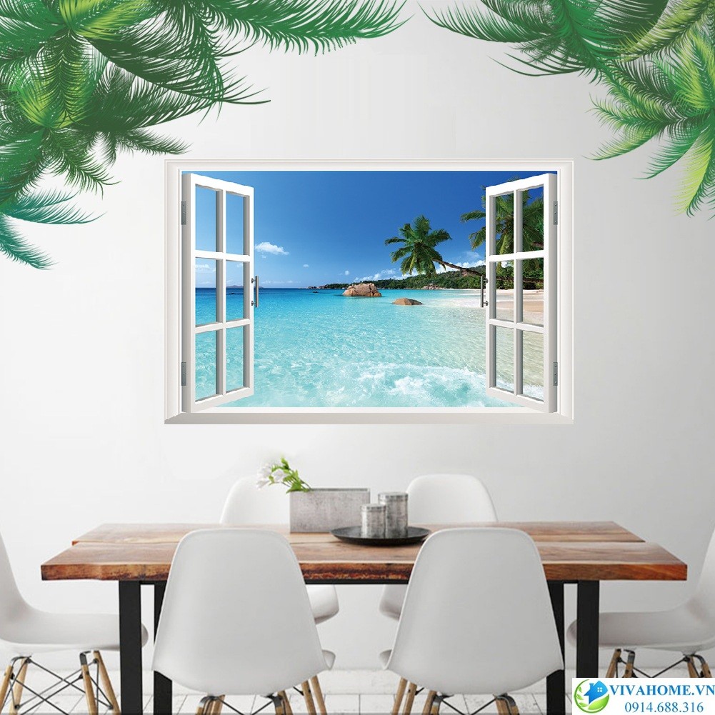 Decal dán tường Cửa sổ Biển xanh tán dừa