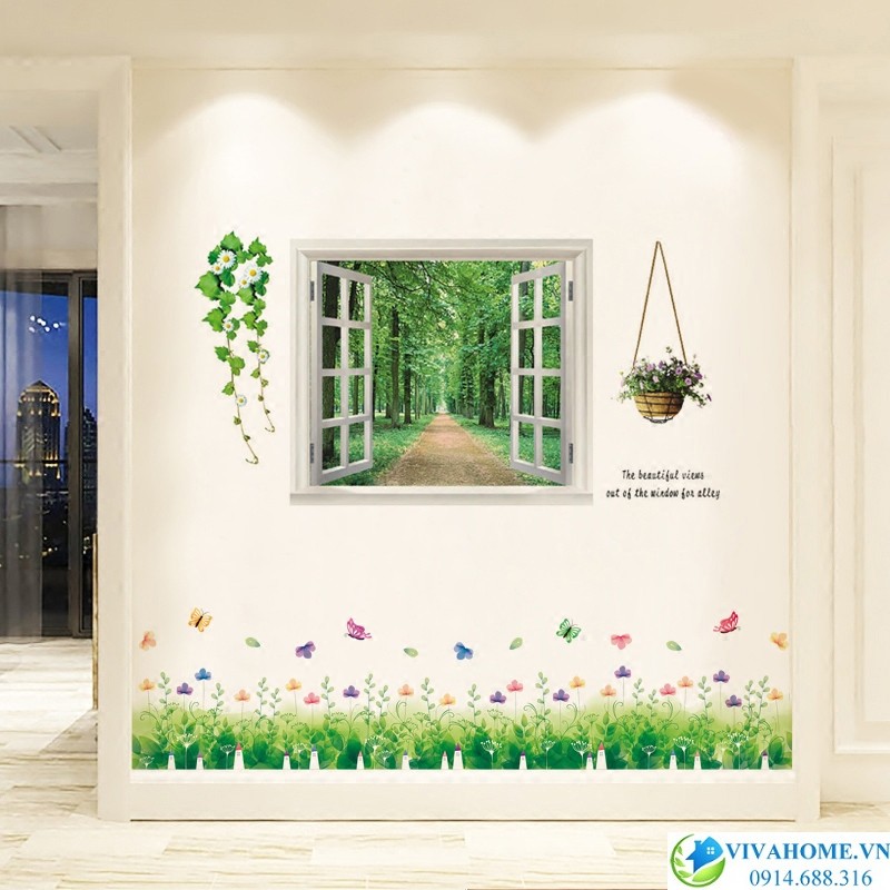 Decal dán tường Cửa sổ hướng rừng và hoa phăng xê