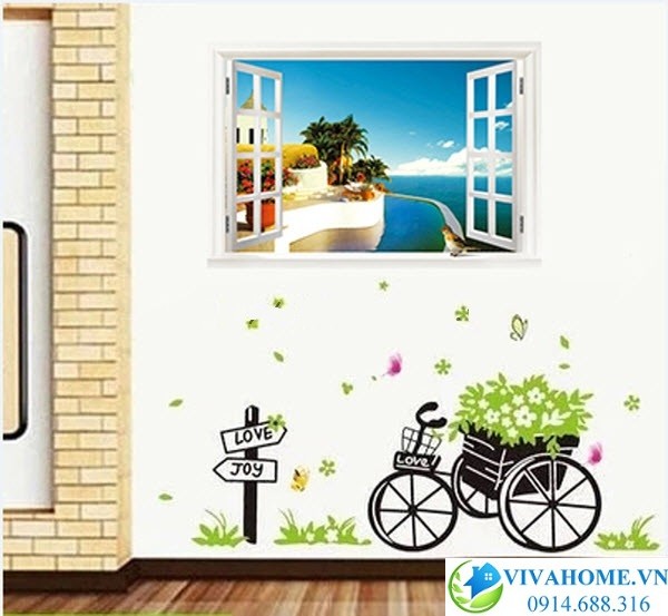 Decal dán tường Cửa sổ hướng biển và xe đạp