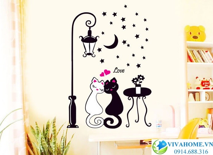 Decal dán tường Đôi mèo đen trắng