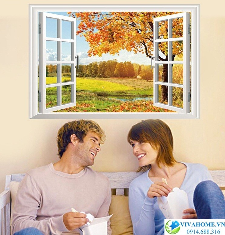 Decal dán tường Cửa sổ mùa thu vàng