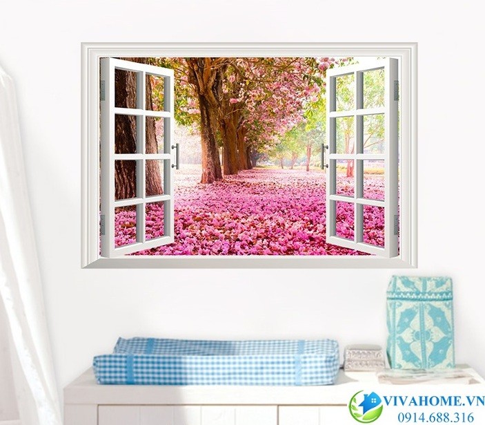 Decal dán tường Cửa sổ công viên hoa anh đào