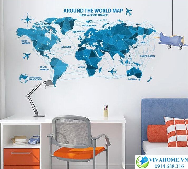 Decal dán tường Bản đồ thế giới xanh