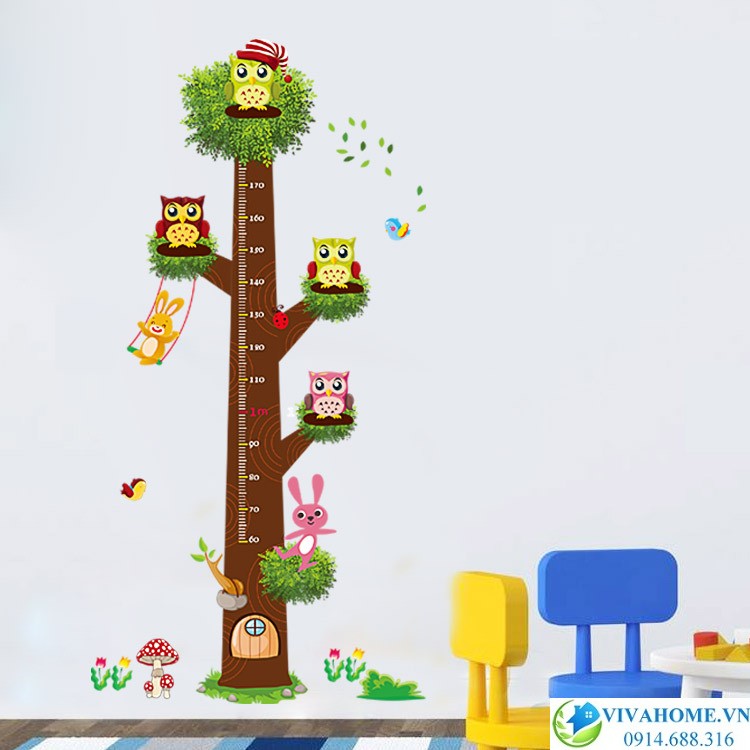 Decal dán tường Thỏ và chim cú thước đo chiều cao