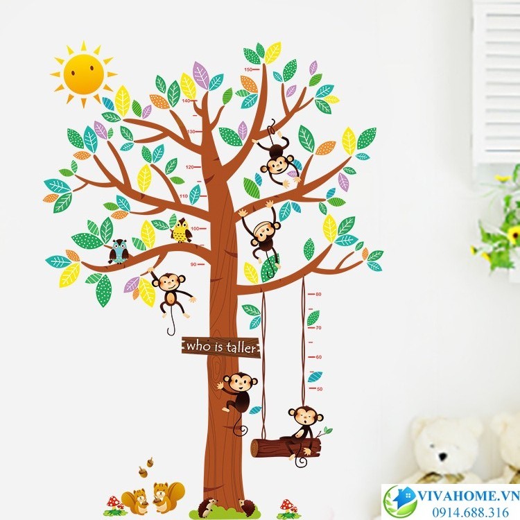 Decal dán tường Thước đo chiều cao khỉ con
