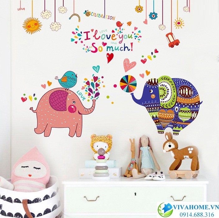 Decal dán tường Voi hồng voi xanh