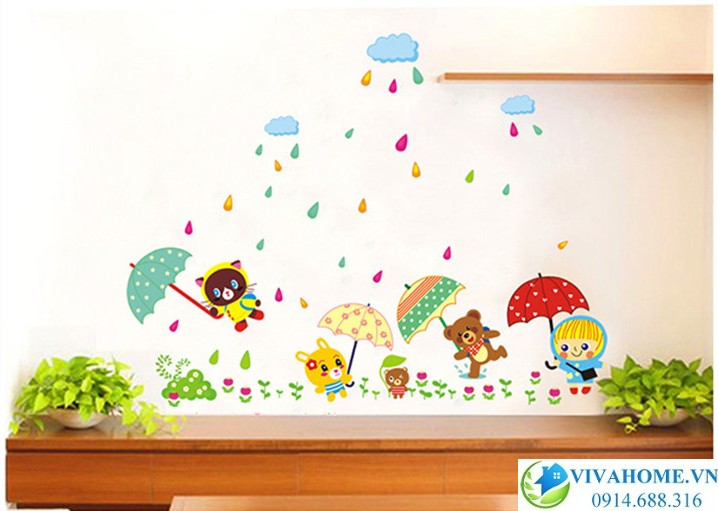 Decal dán tường Gấu che ô