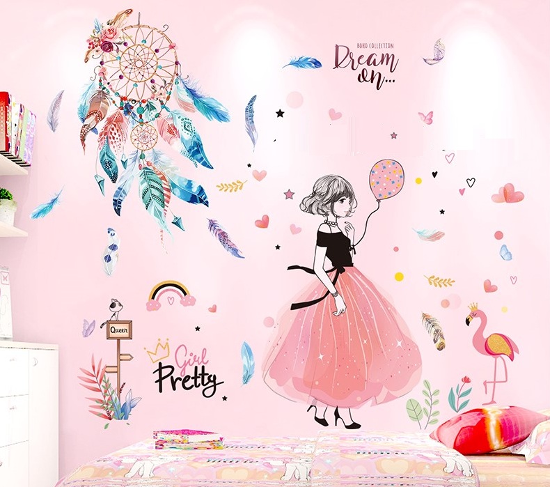 Decal dán tường Cô gái váy hồng