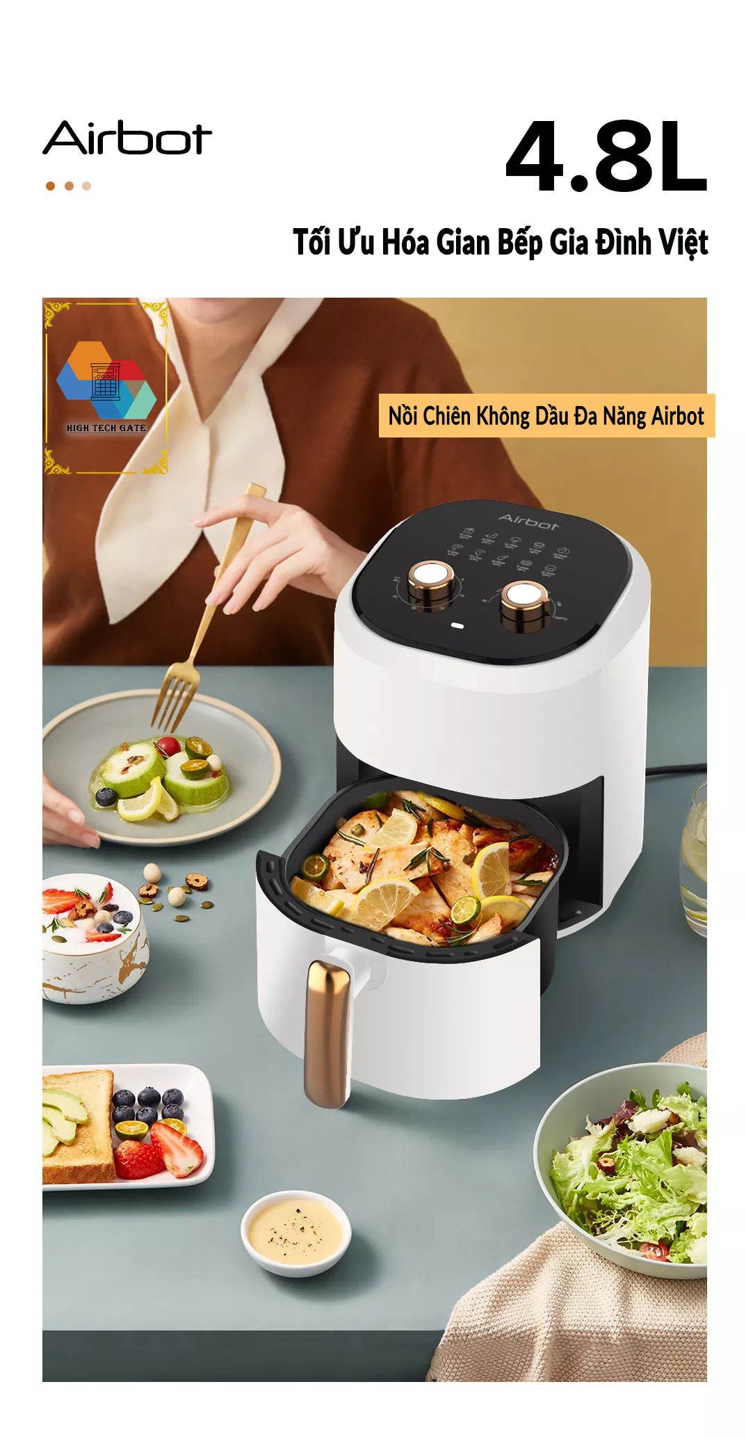 Nồi chiên không dầu Airbot AF480 dung tích 4.8L, công nghệ gió xoáy 360º 3D turbo, chống dính, tự động bật/tắt an toàn