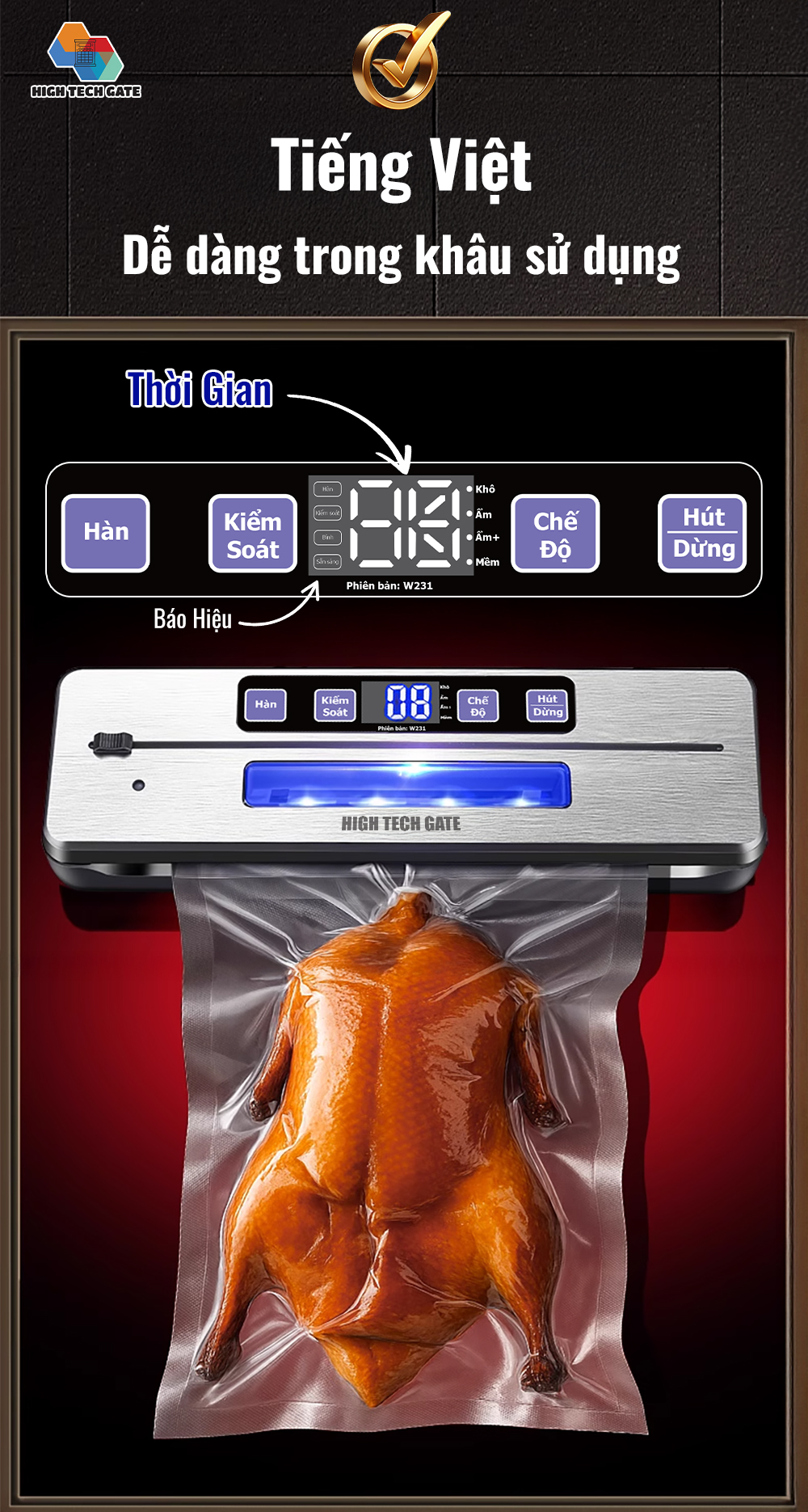 Máy hút chân không thực phẩm W231 bàn phím, ngôn ngữ