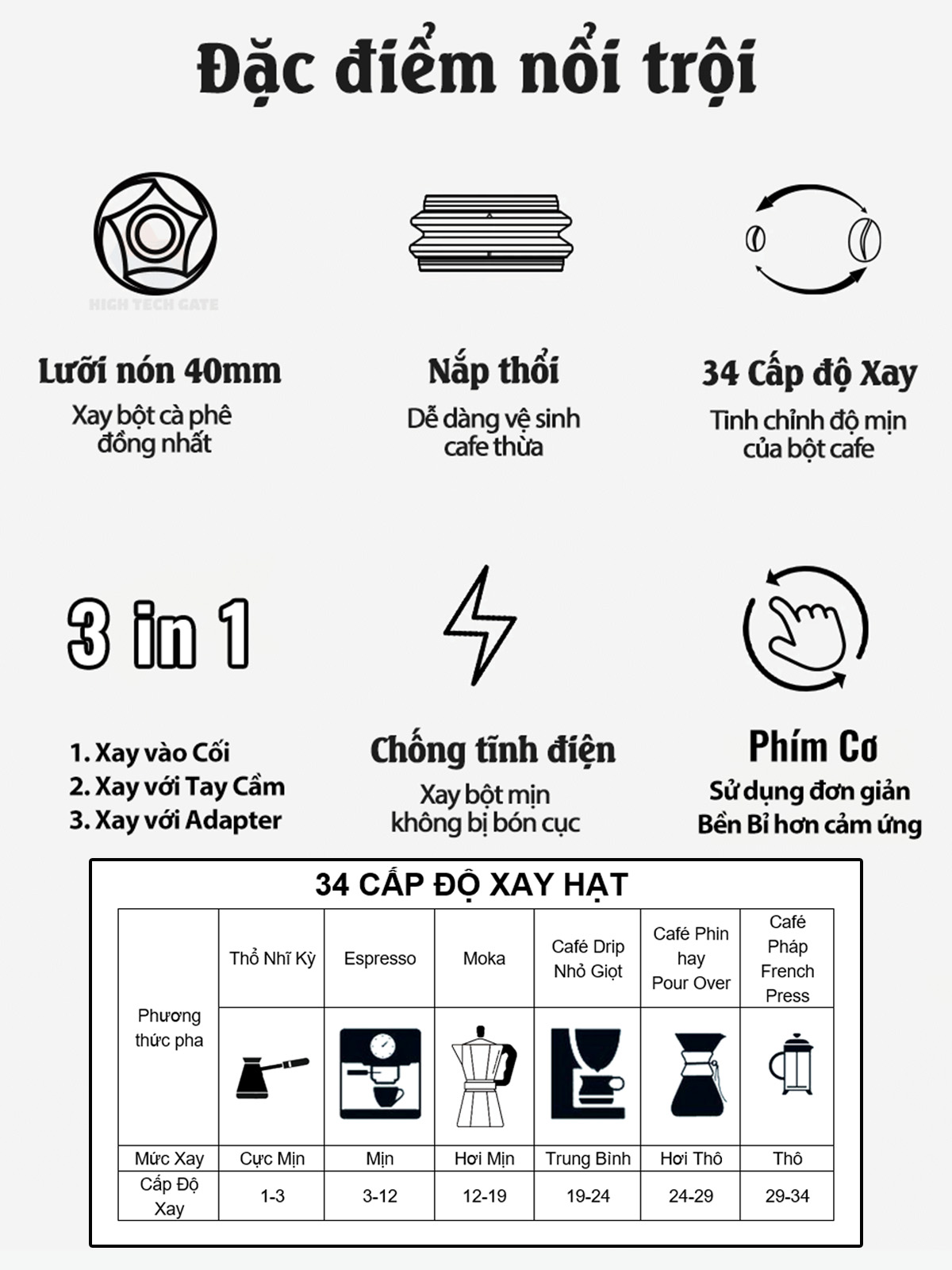 Máy Xay Cà Phê G68 Xay Hạt Cafe Pha Espresso, 34 Cấp Độ Xay Từ Thô Đến Mịn, Để Bàn 3 in 1, Dùng Được Mọi Loại Tay Cầm, Chống Tĩnh Điện Vón Cục