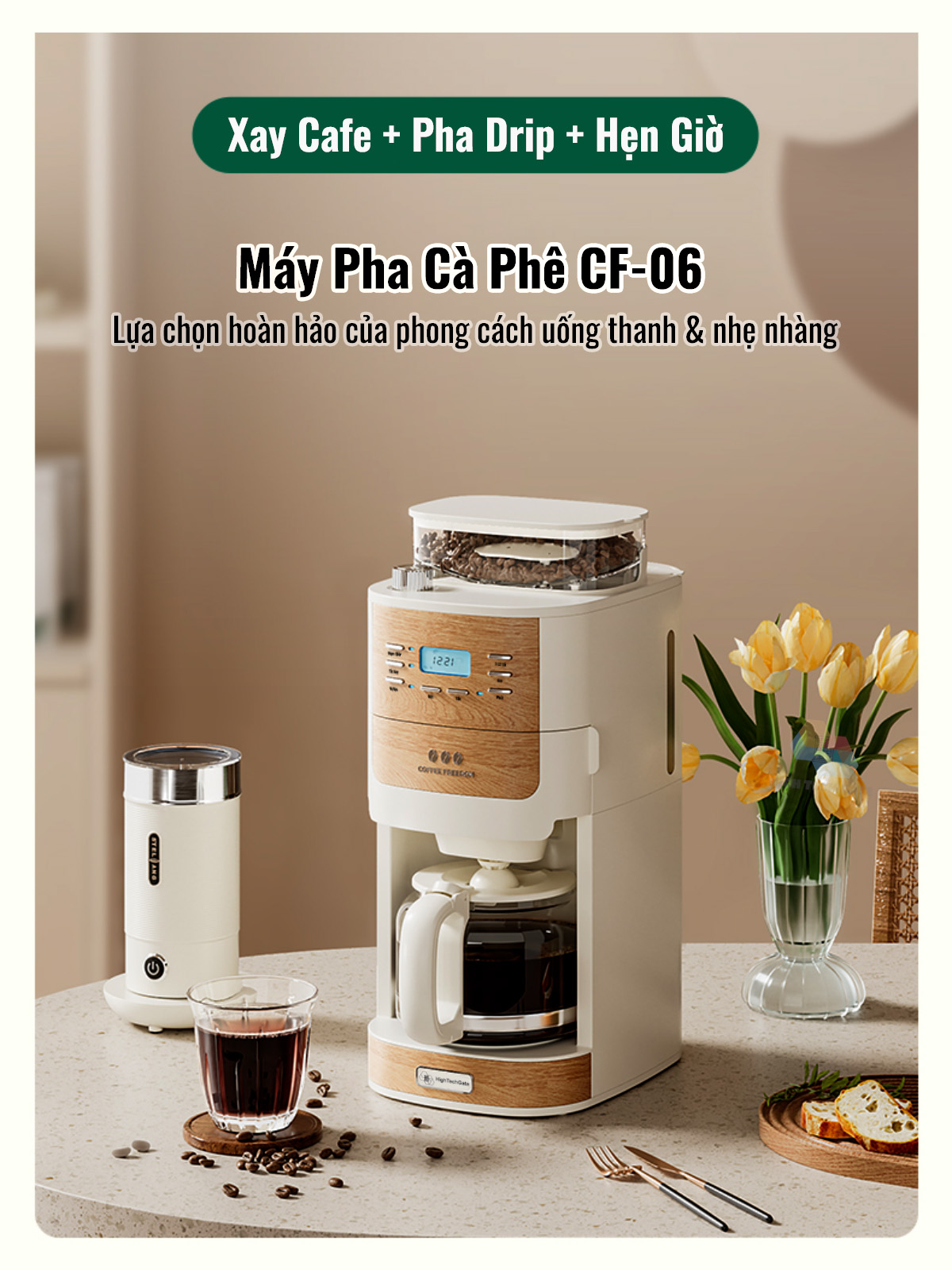Máy Pha Cà Phê CF06 Tự Động Vừa Xay Vừa Pha từ 2-12 Cốc/Lần, Hẹn Giờ Pha Thông Minh, Cối Xay Cafe Lưỡi Nón Độ Mịn Cao