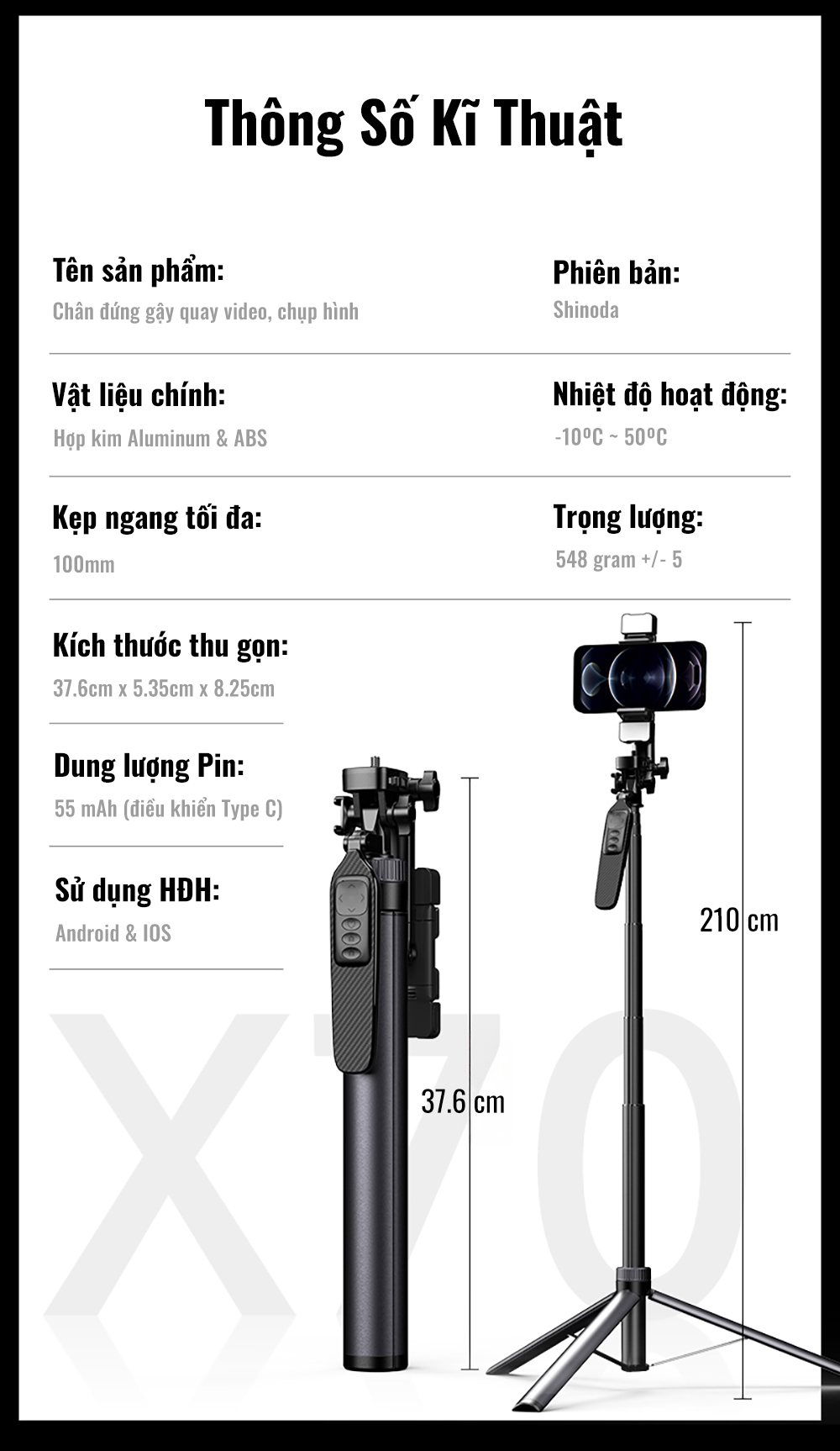 Chân đứng quay video Shinoda, gậy livestream, selfie chụp ảnh chất liệu siêu cứng cáp, tay cầm 360º