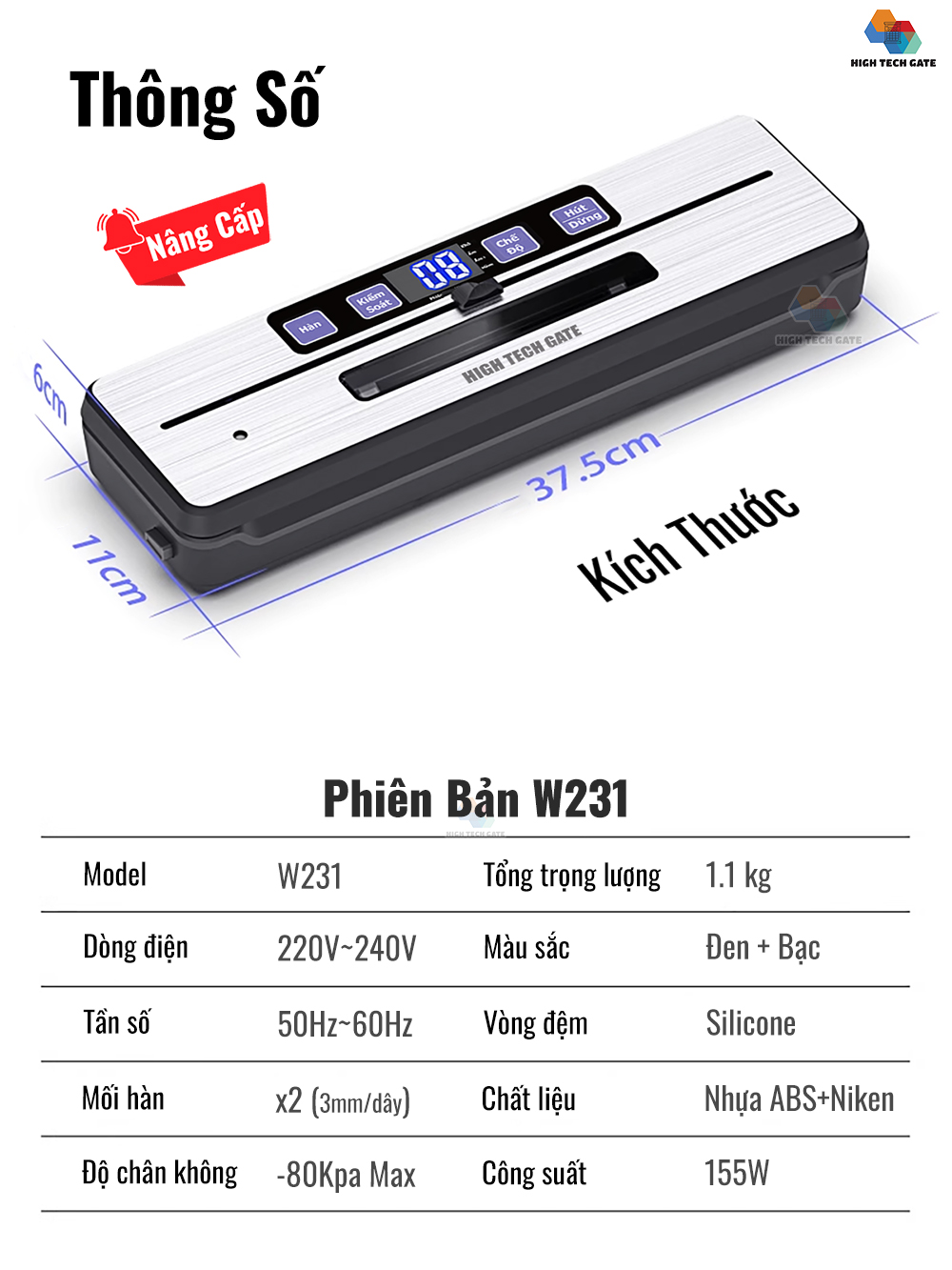 Máy hút chân không thực phẩm W231 thông số kĩ thuật