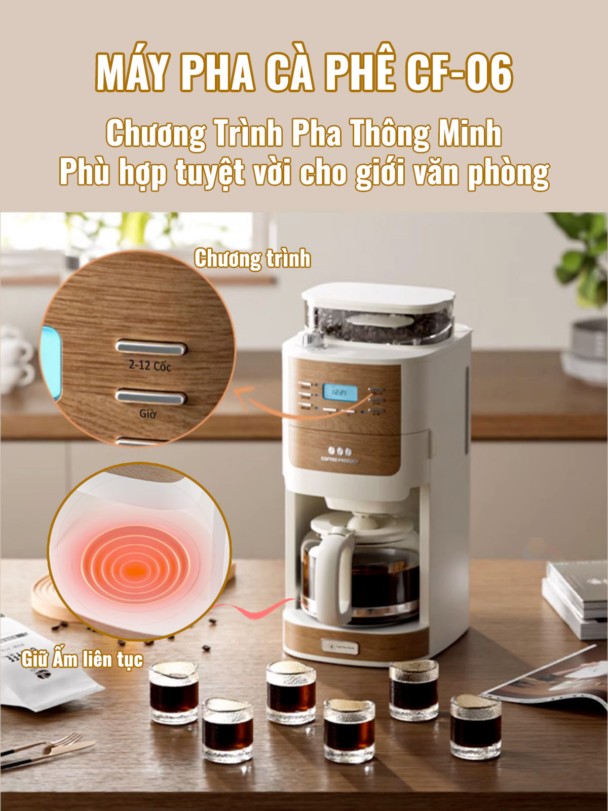 Máy Pha Cà Phê CF06 Tự Động Vừa Xay Vừa Pha từ 2-12 Cốc/Lần, Hẹn Giờ Pha Thông Minh, Cối Xay Cafe Lưỡi Nón Độ Mịn Cao