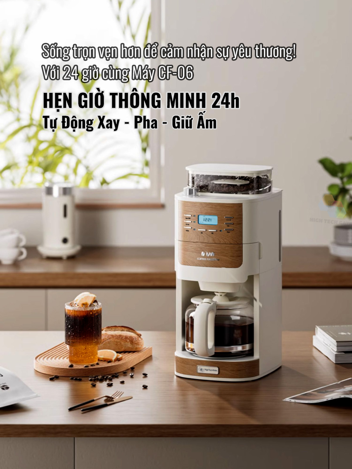 Máy Pha Cà Phê CF06 Tự Động Vừa Xay Vừa Pha từ 2-12 Cốc/Lần, Hẹn Giờ Pha Thông Minh, Cối Xay Cafe Lưỡi Nón Độ Mịn Cao