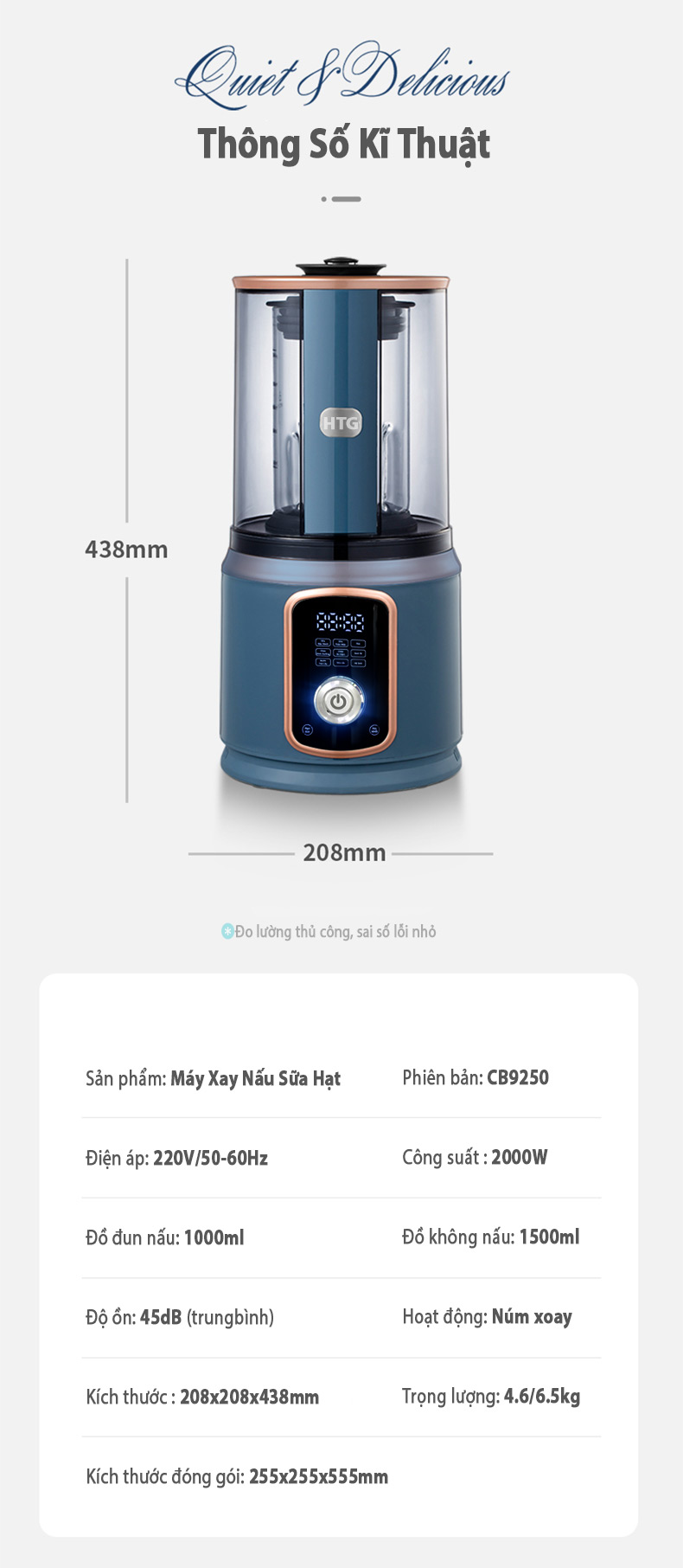 Máy Làm Sữa Hạt CB9250 Chống Ồn Cách Âm, Hút Chân Không, Hẹn Giờ Thông Minh, Xay Nấu 4D Mịn, Chống Dính, Tự Vệ Sinh