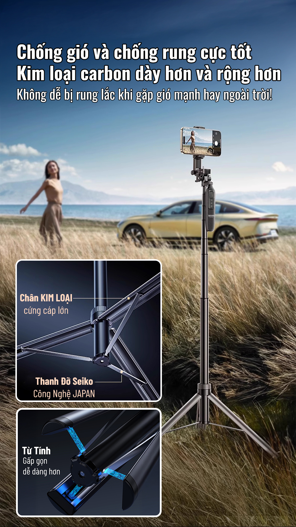 Chân đứng quay video Shinoda, gậy livestream, selfie chụp ảnh chất liệu siêu cứng cáp, tay cầm 360º