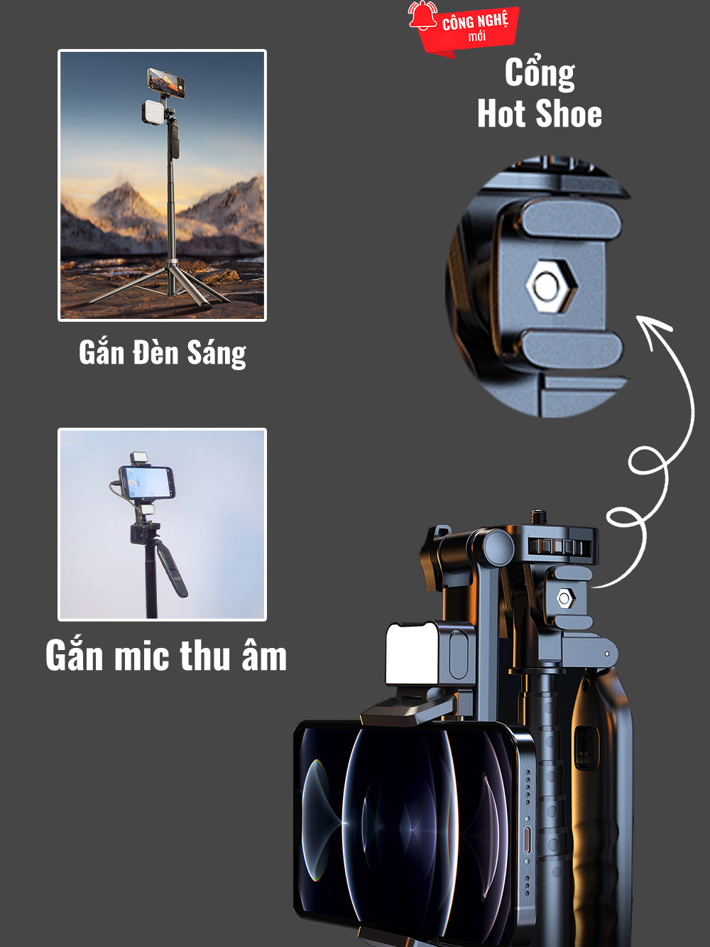 Chân đứng quay video Shinoda, gậy livestream, selfie chụp ảnh chất liệu siêu cứng cáp, tay cầm 360º