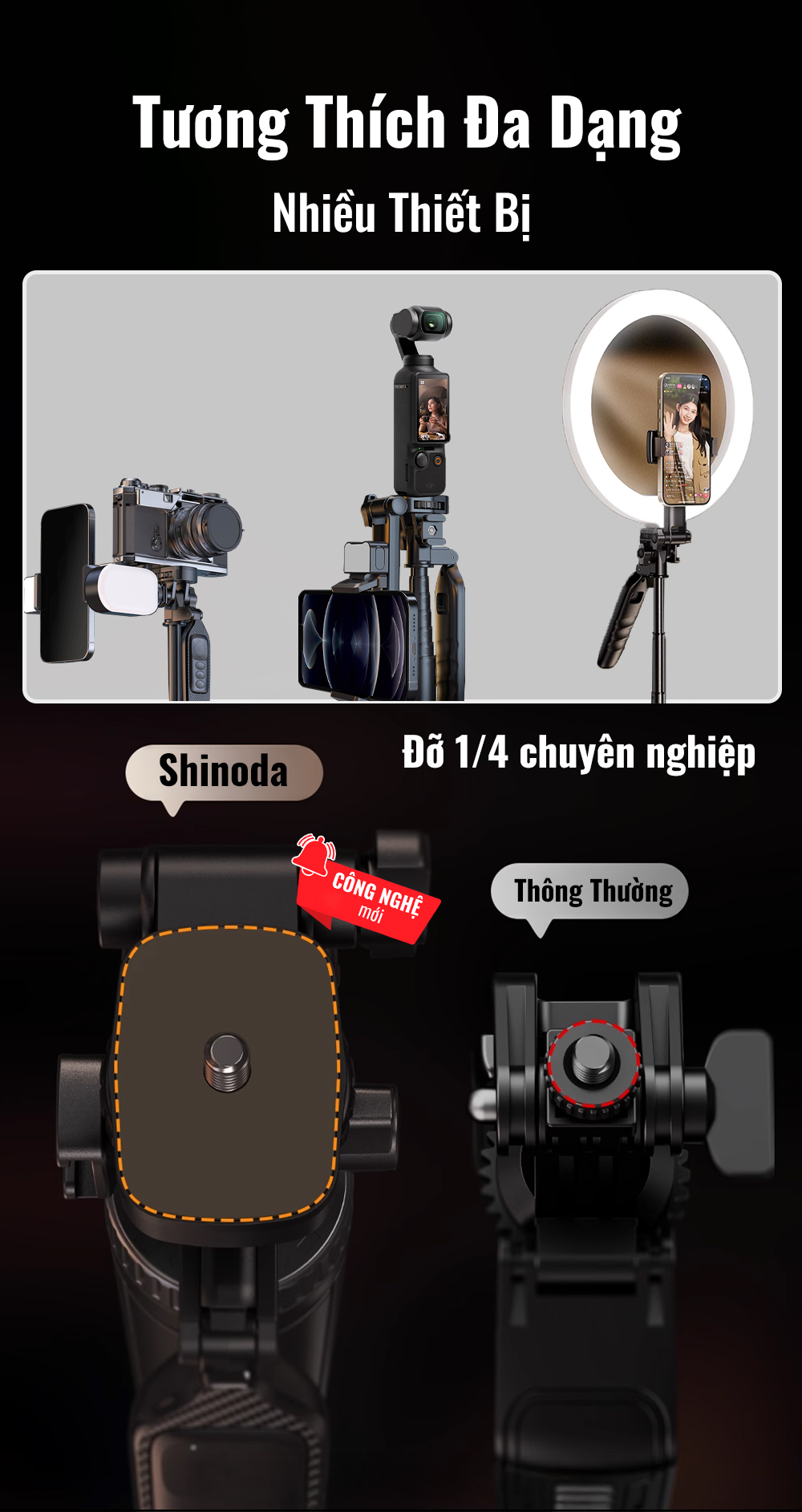 Chân đứng quay video Shinoda, gậy livestream, selfie chụp ảnh chất liệu siêu cứng cáp, tay cầm 360º