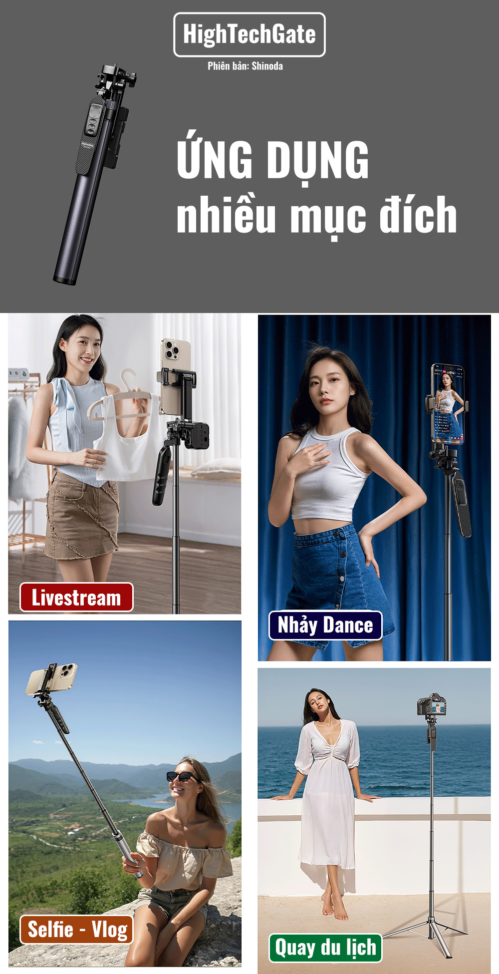 Chân đứng quay video Shinoda, gậy livestream, selfie chụp ảnh chất liệu siêu cứng cáp, tay cầm 360º