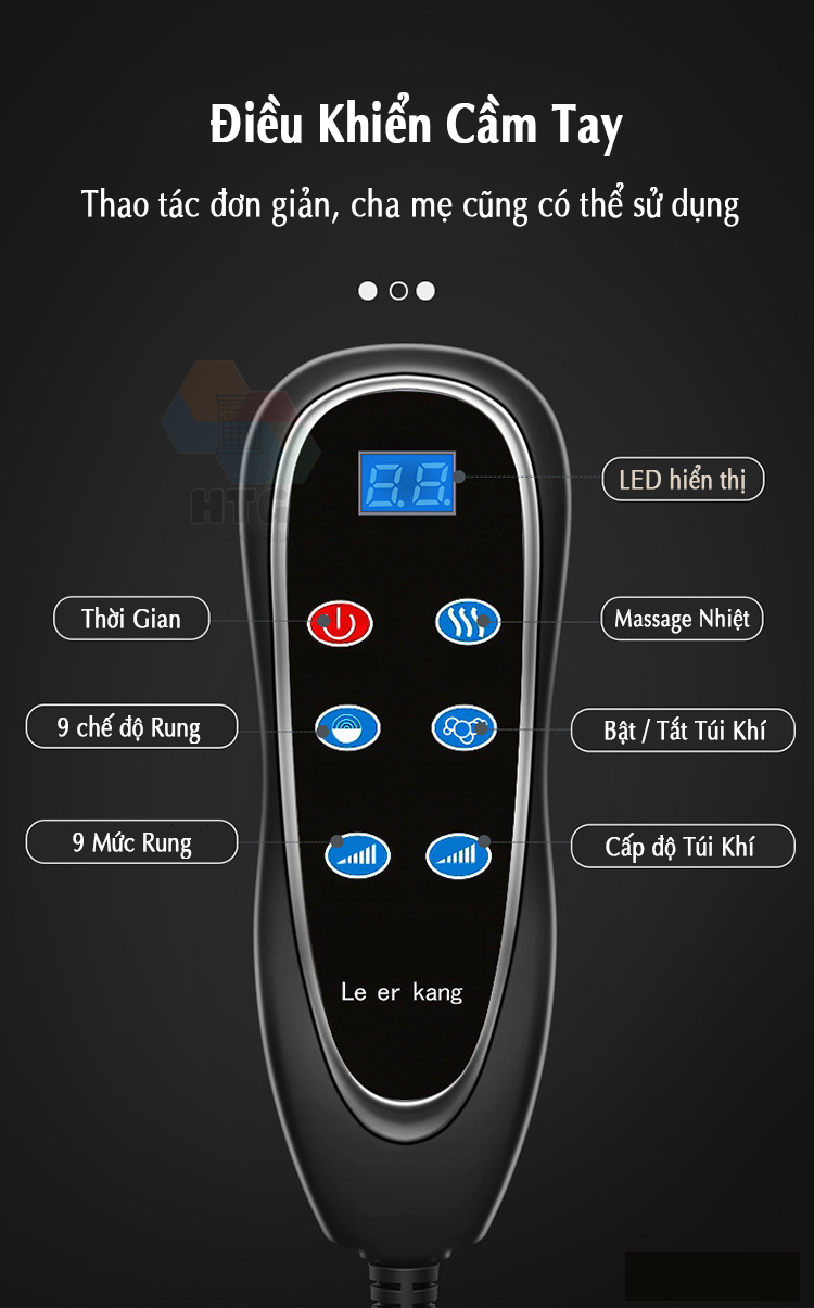 Nệm massage toàn thân Leerkang LEK918F có thời gian hẹn giờ từ 10 phút đến 30 phút, tùy theo sở thích của mỗi người, với điều khiển cầm tay trực quan dễ sử dụng. Thiết kế dạng nệm, người dùng có thể sử dụng nó khi nằm, khi ngồi trên sofa, hay tựa lưng trên sofa hoặc trên giường, rất dễ chịu.